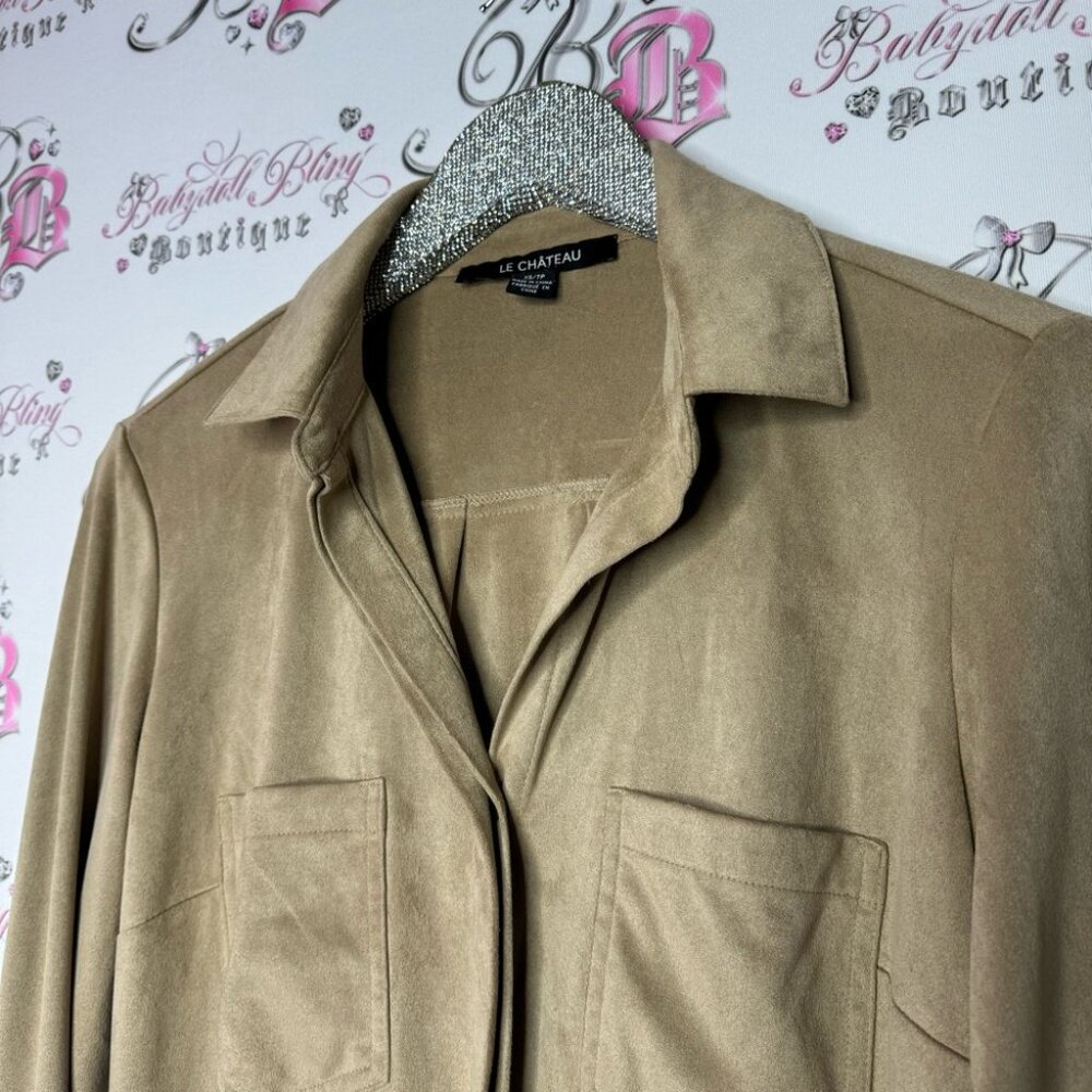 Le chateau button down blouse suede style feel fabric taupe grey brown gray - Picture 4 of 16